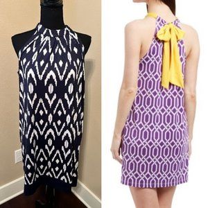 Mud Pie Bow Tie Back Halter Sheath Mini Dress in Blue & White Size Medium